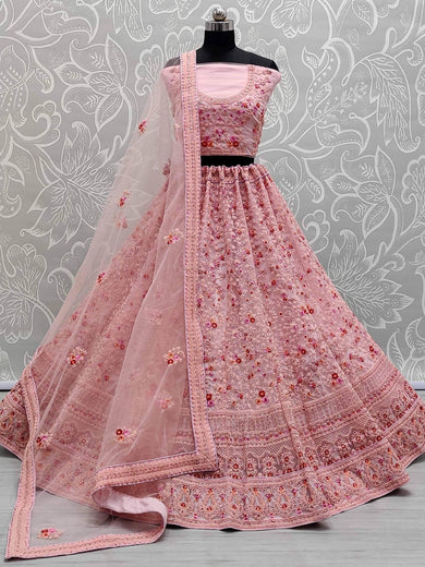 Elegant Pink Net Thread Embroidered Bridesmaids Lehenga Choli